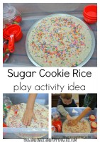 sugar cookie rice play activity idea for kids. Fun Christmas sensory play ideas.